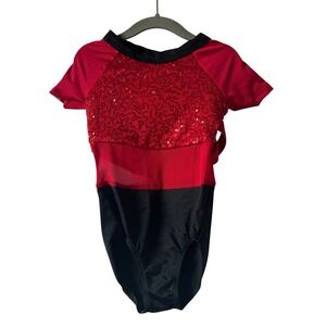 Weissman Kids Red Black Sequin Mesh Dance Gymnastics Leotard XSC Performance